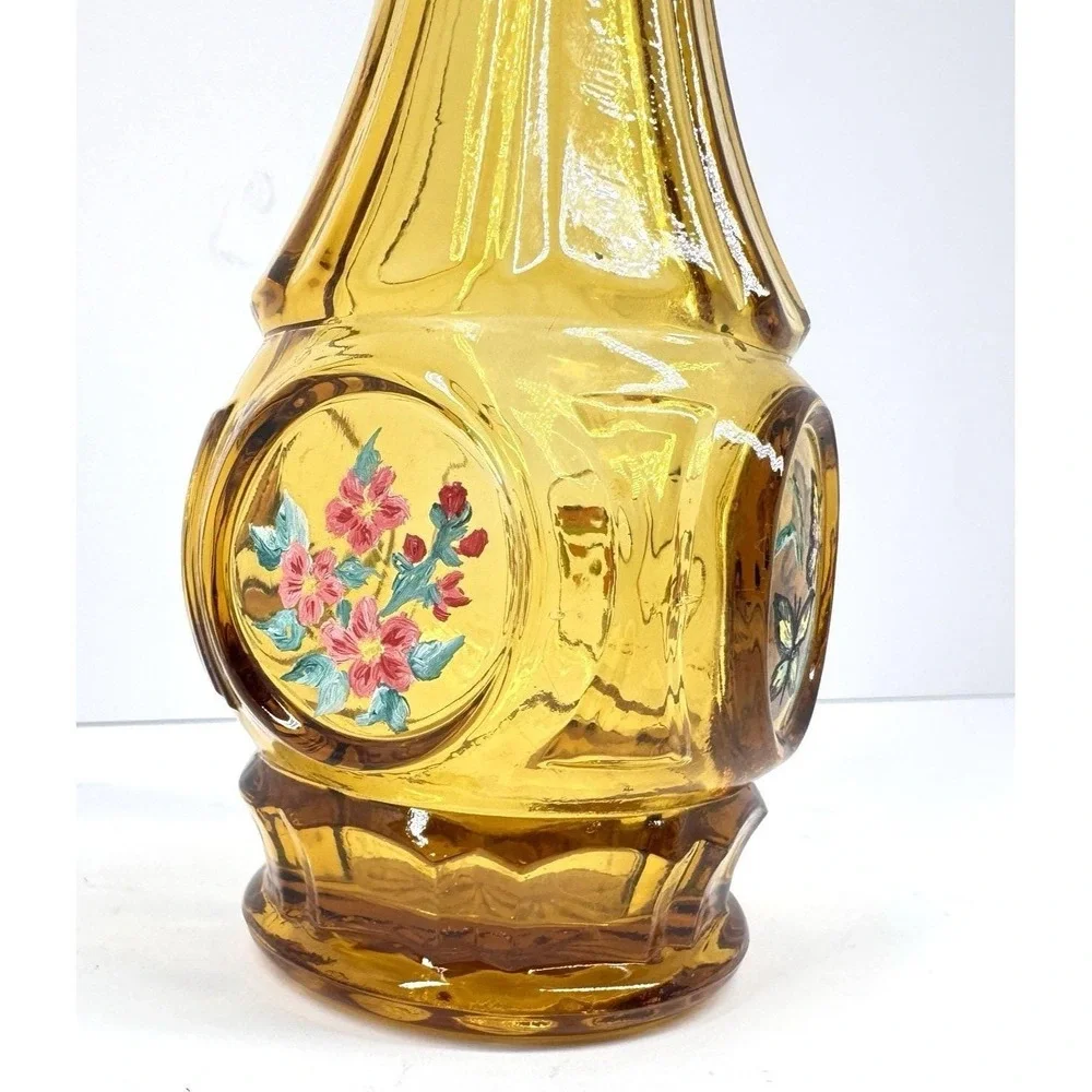 Vintage Amber Glass Bottle Vase Hand Painted Floral Panels Narrow Neck Decor‎